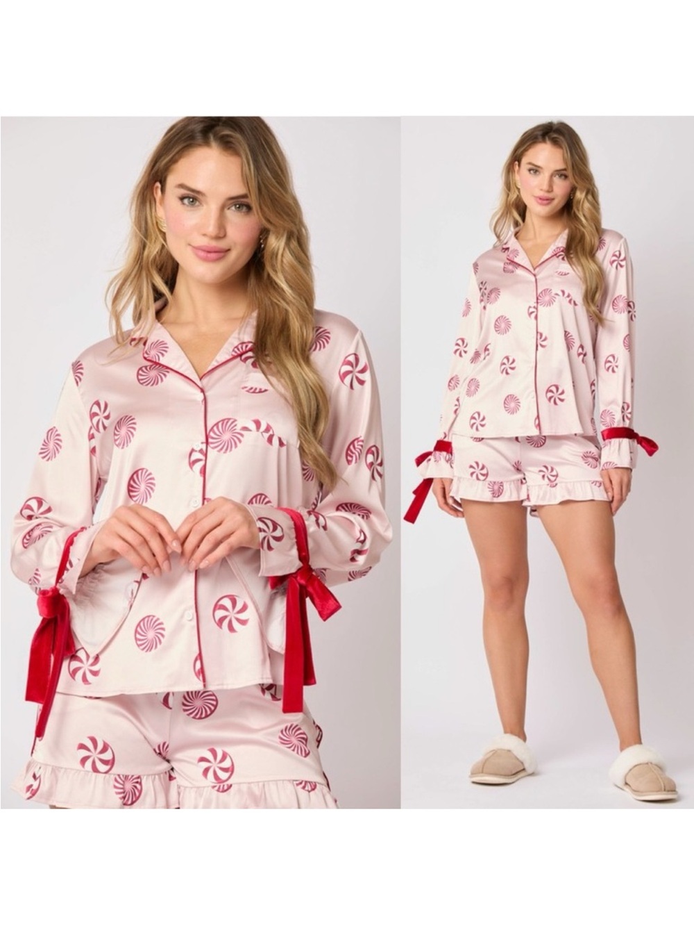 Fantastic Fawn Pink Satin Pajama Set with Red Ribbon & Peppermint Print